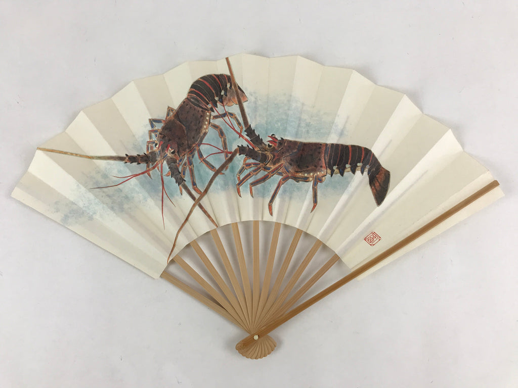 Japanese Folding Fan Sensu Vtg Bamboo Frame Crayfish Kanji White Seal 4D660