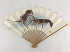 Japanese Folding Fan Sensu Vtg Bamboo Frame Crayfish Kanji White Seal 4D660