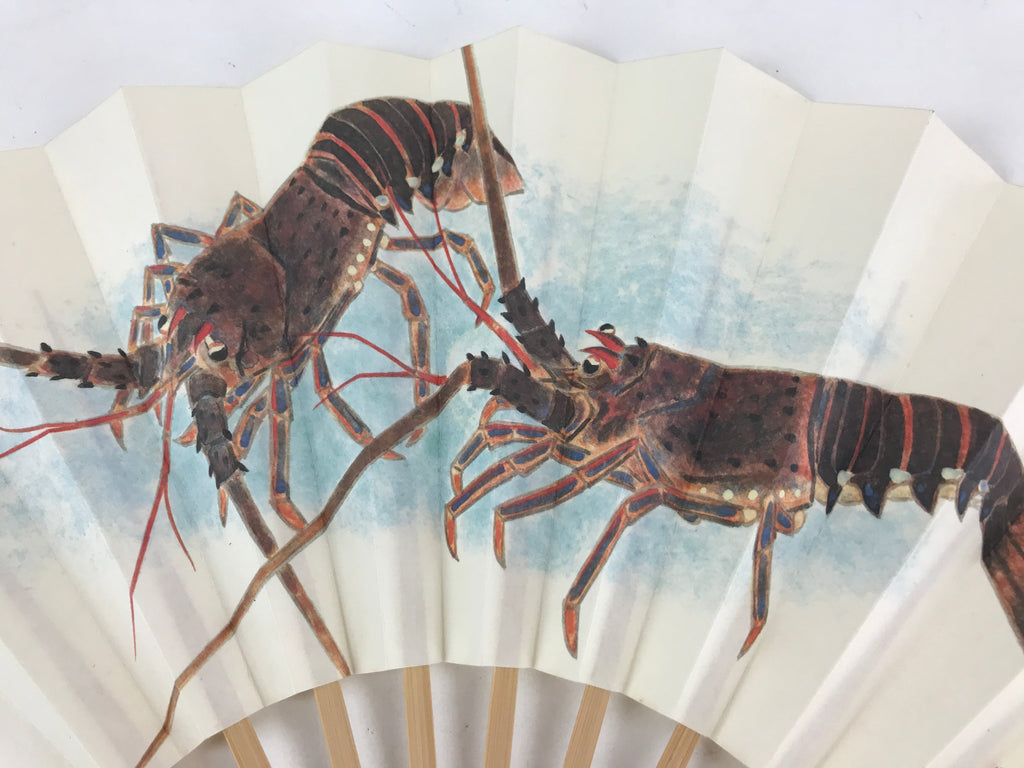 Japanese Folding Fan Sensu Vtg Bamboo Frame Crayfish Kanji White Seal 4D660