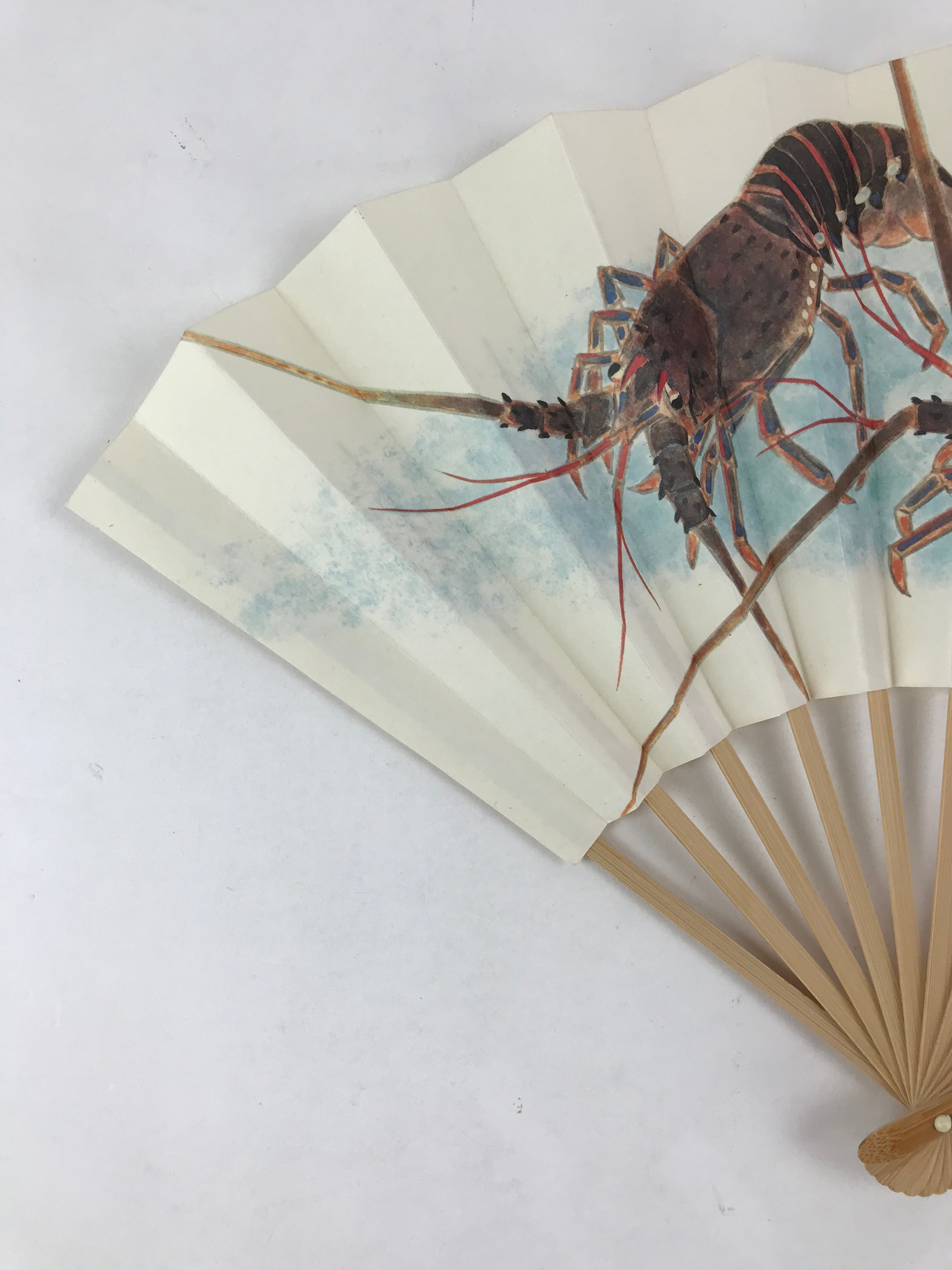 Japanese Folding Fan Sensu Vtg Bamboo Frame Crayfish Kanji White Seal 4D660