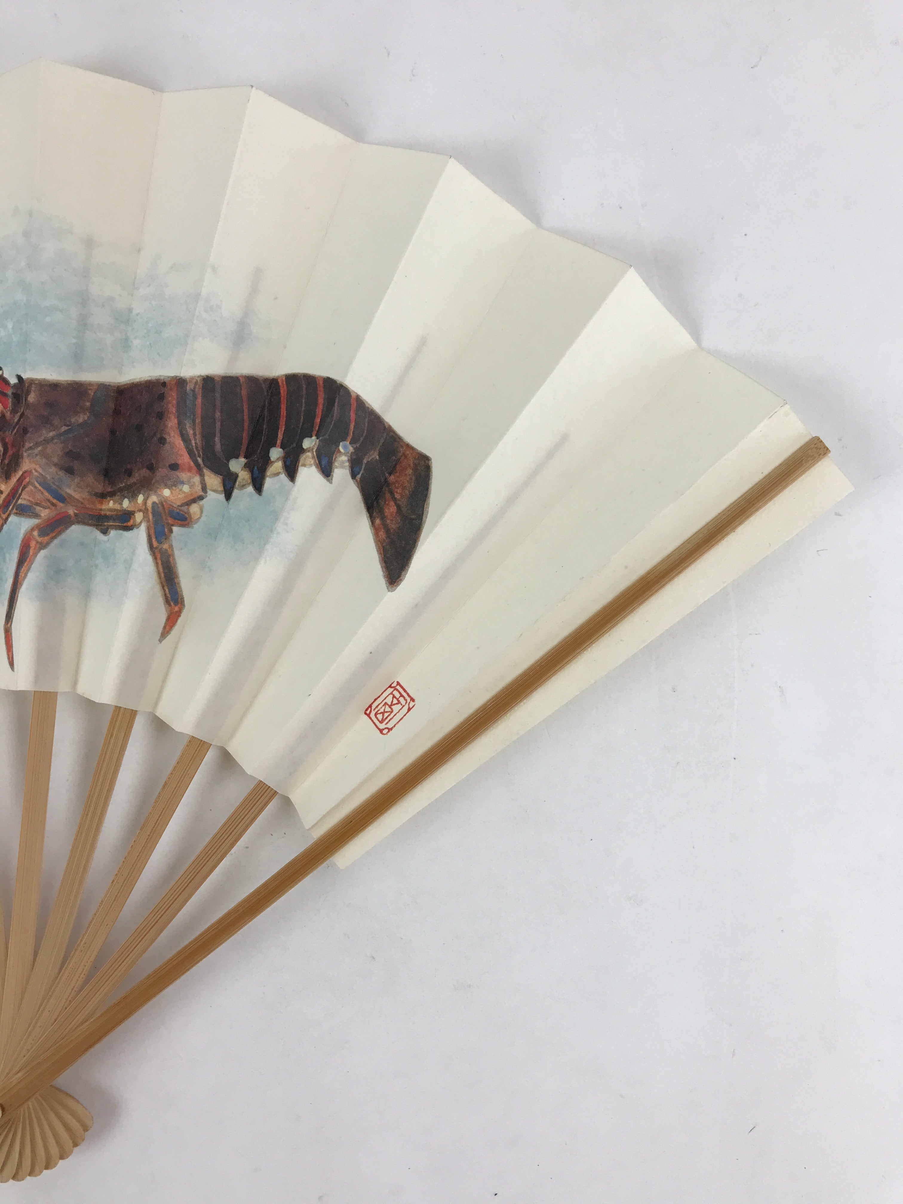 Japanese Folding Fan Sensu Vtg Bamboo Frame Crayfish Kanji White Seal 4D660