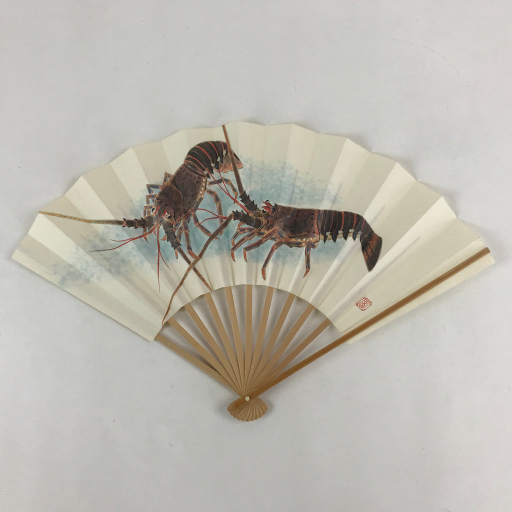 Japanese Folding Fan Sensu Vtg Bamboo Frame Crayfish Kanji White Seal 4D660