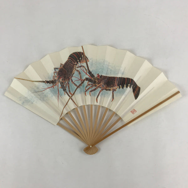 Japanese Folding Fan Sensu Vtg Bamboo Frame Crayfish Kanji White