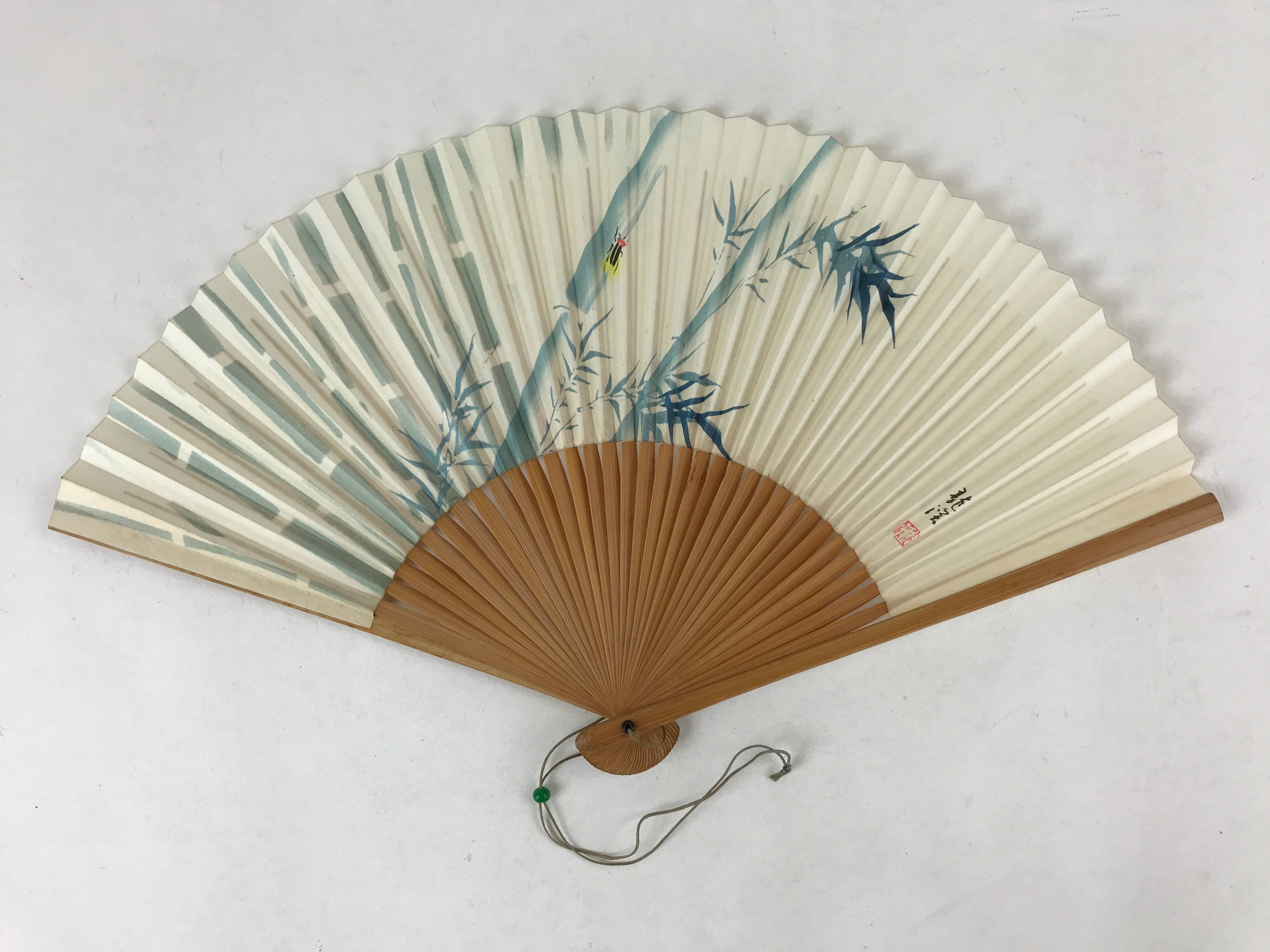 Japanese Folding Fan Sensu Vtg Bamboo Frame Firefly Lightning Bug Hotaru 4D756