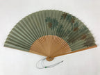 Japanese Folding Fan Sensu Vtg Bamboo Frame Flowers Forest Green 4D751