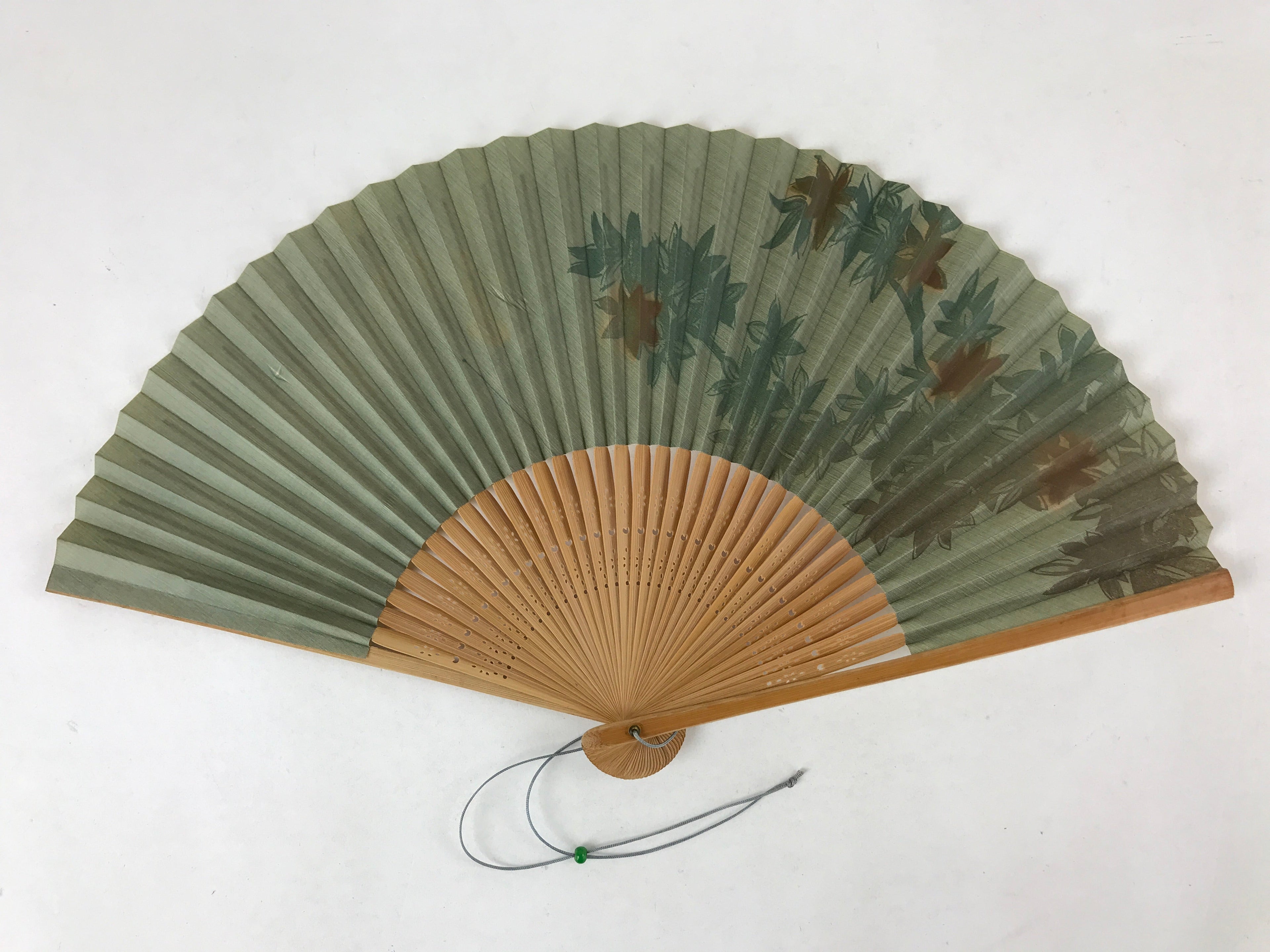 Japanese Folding Fan Sensu Vtg Bamboo Frame Flowers Forest Green 4D751