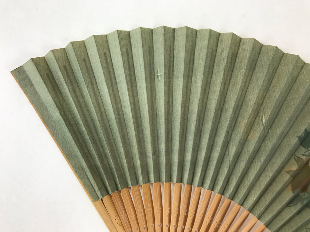 Japanese Folding Fan Sensu Vtg Bamboo Frame Flowers Forest Green 4D751