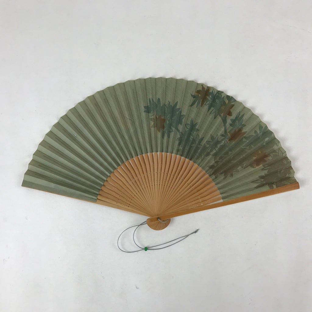 Japanese Folding Fan Sensu Vtg Bamboo Frame Flowers Forest Green 4D751