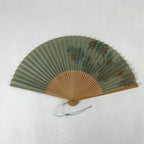 Japanese Folding Fan Sensu Vtg Bamboo Frame Flowers Forest Green 4D751