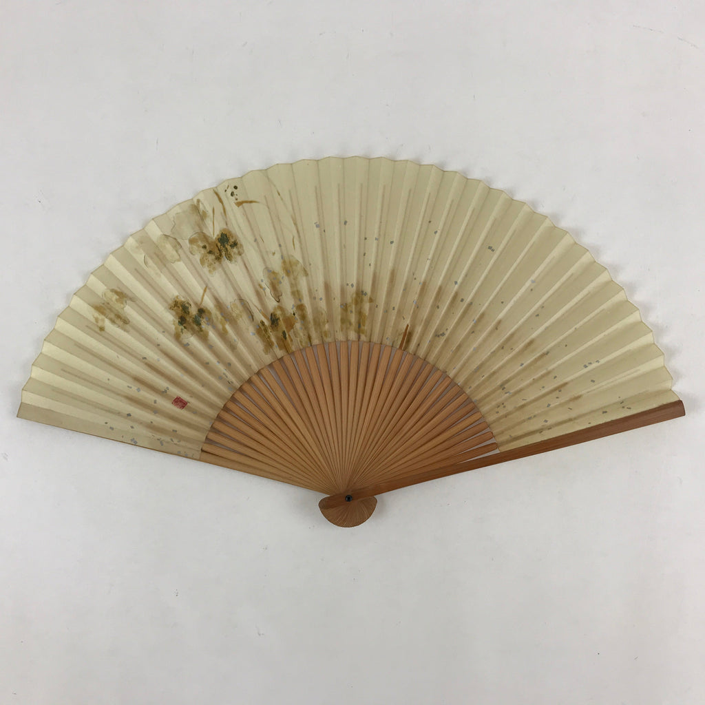 Japanese Folding Fan Sensu Vtg Bamboo Frame Flowers Red Seal Beige 4D685