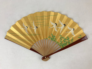 Japanese Folding Fan Sensu Vtg Bamboo Frame Flying Cranes Gold W/ Box 4D710