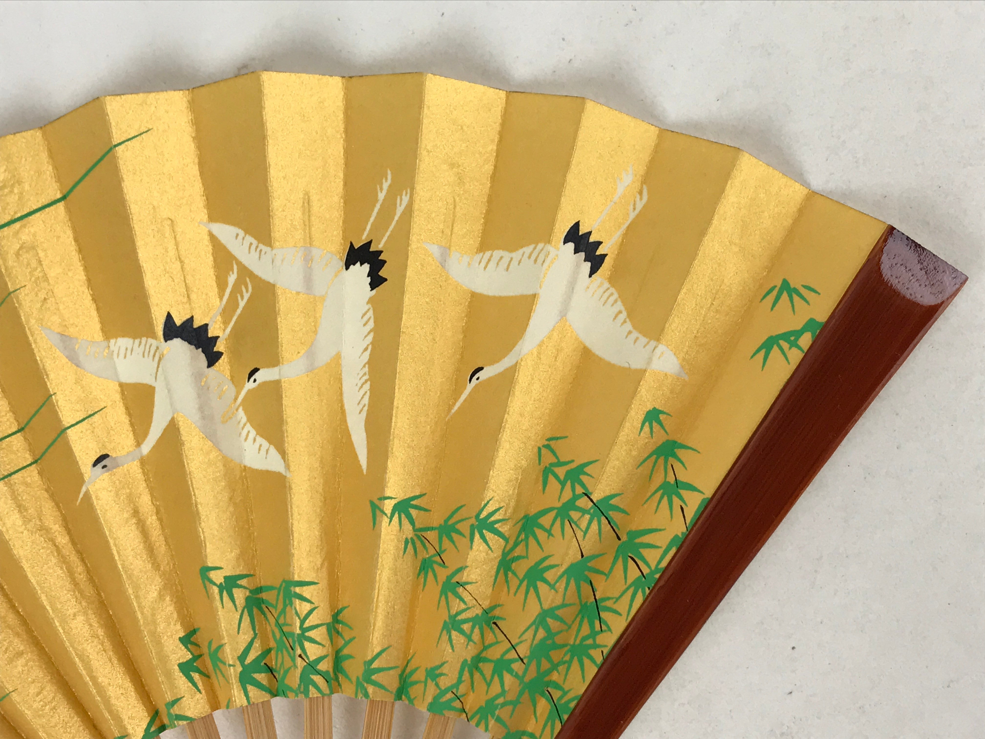 Japanese Folding Fan Sensu Vtg Bamboo Frame Flying Cranes Gold W/ Box 4D710