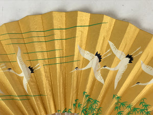 Japanese Folding Fan Sensu Vtg Bamboo Frame Flying Cranes Gold W/ Box 4D710