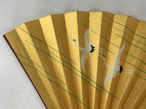 Japanese Folding Fan Sensu Vtg Bamboo Frame Flying Cranes Gold W/ Box 4D710