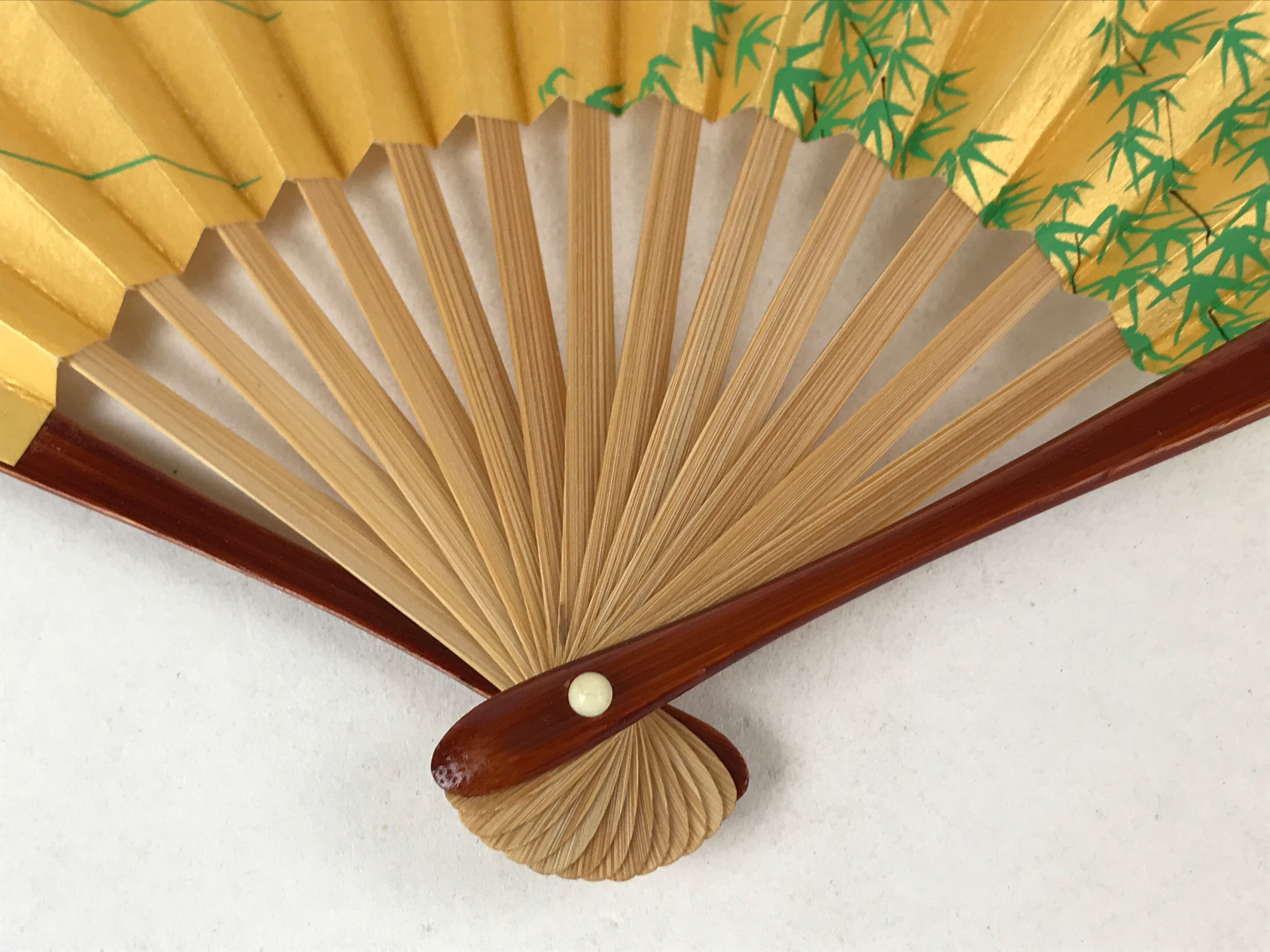 Japanese Folding Fan Sensu Vtg Bamboo Frame Flying Cranes Gold W/ Box 4D710