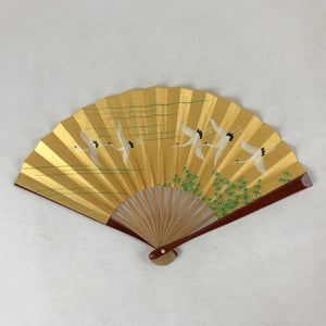 Japanese Folding Fan Sensu Vtg Bamboo Frame Flying Cranes Gold W/ Box 4D710