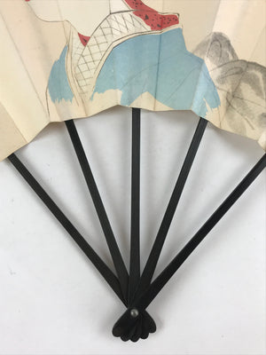 Japanese Folding Fan Sensu Vtg Bamboo Frame Geisha White Kanji Red Seal 4D690