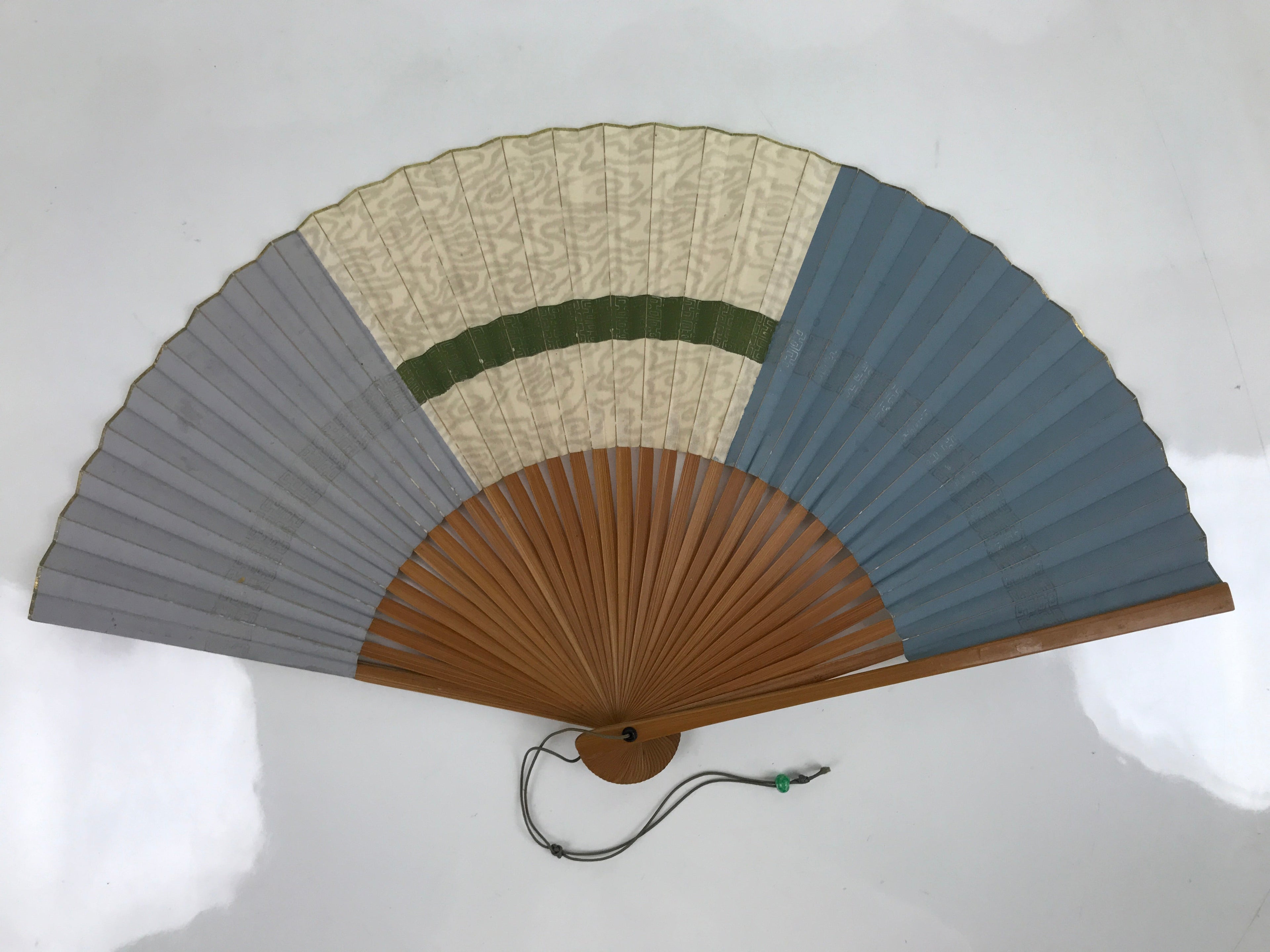 Japanese Folding Fan Sensu Vtg Bamboo Frame Geometric Greek Pattern Blue 4D801