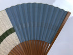 Japanese Folding Fan Sensu Vtg Bamboo Frame Geometric Greek Pattern Blue 4D801