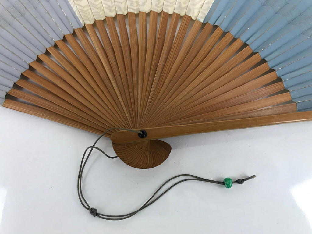 Japanese Folding Fan Sensu Vtg Bamboo Frame Geometric Greek Pattern Blue 4D801
