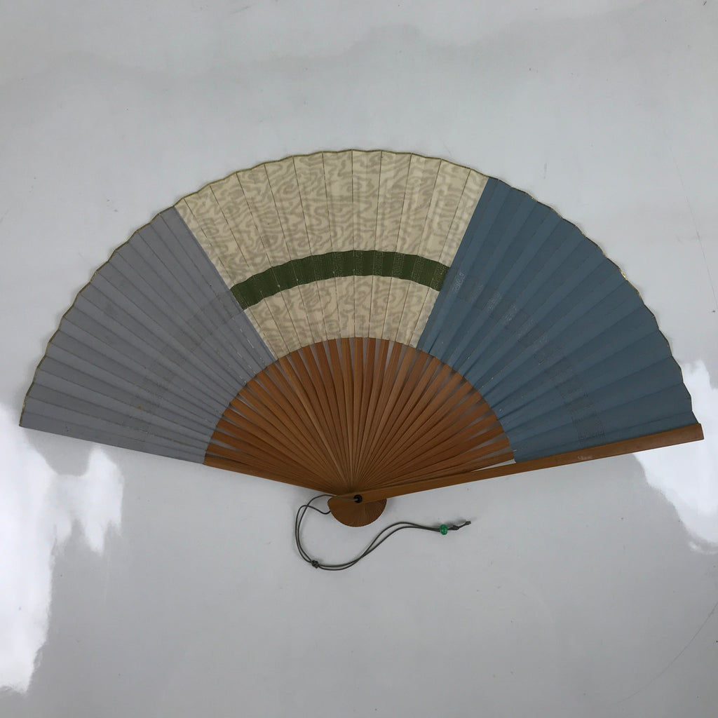 Japanese Folding Fan Sensu Vtg Bamboo Frame Geometric Greek Pattern Blue 4D801