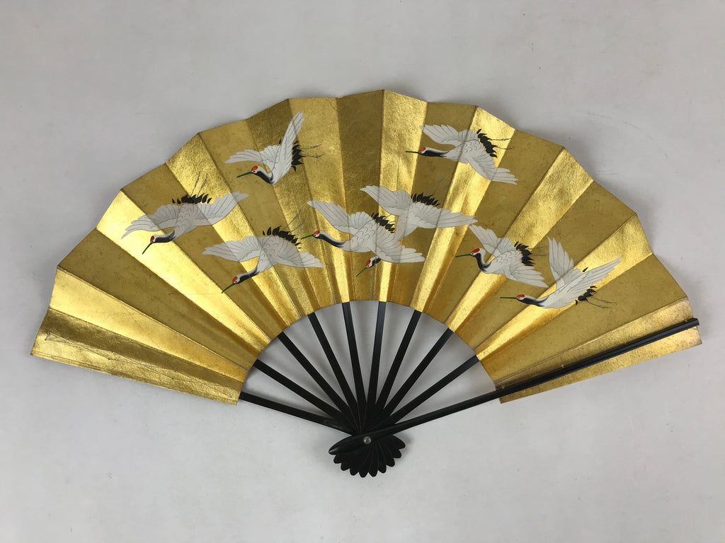 Japanese Folding Fan Sensu Vtg Bamboo Frame Gold Foil Flying Cranes W/ Box 4D700