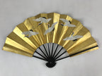 Japanese Folding Fan Sensu Vtg Bamboo Frame Gold Foil Flying Cranes W/ Box 4D700