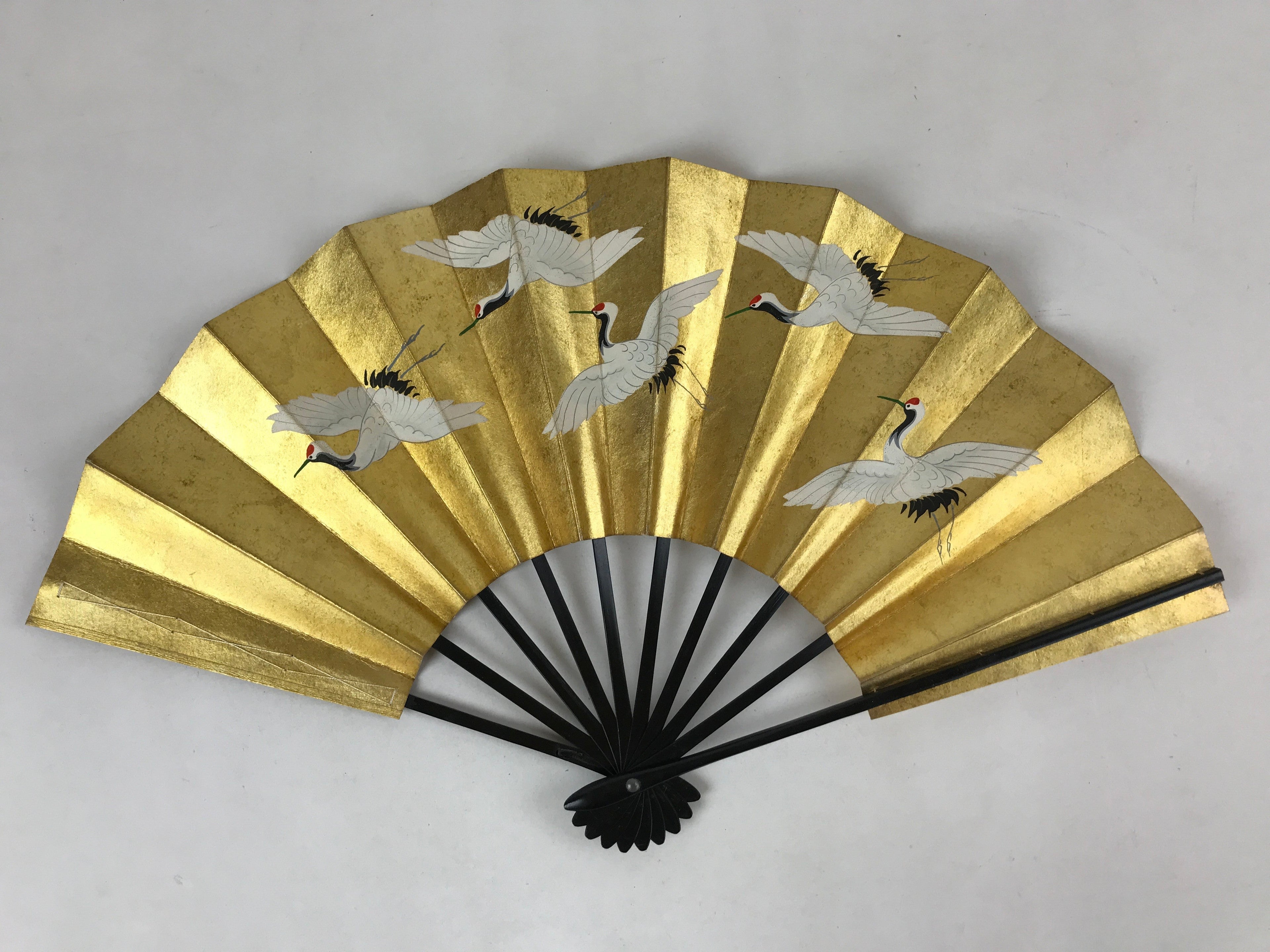 Japanese Folding Fan Sensu Vtg Bamboo Frame Gold Foil Flying Cranes W/ Box 4D700