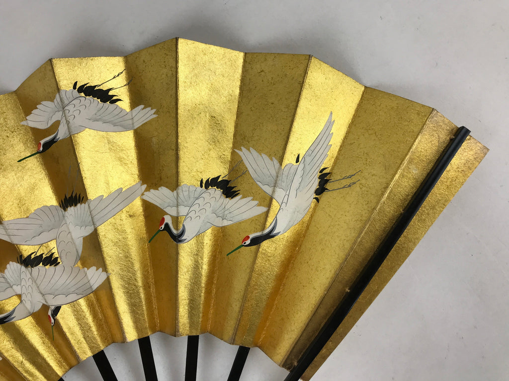 Japanese Folding Fan Sensu Vtg Bamboo Frame Gold Foil Flying Cranes W/ Box 4D700