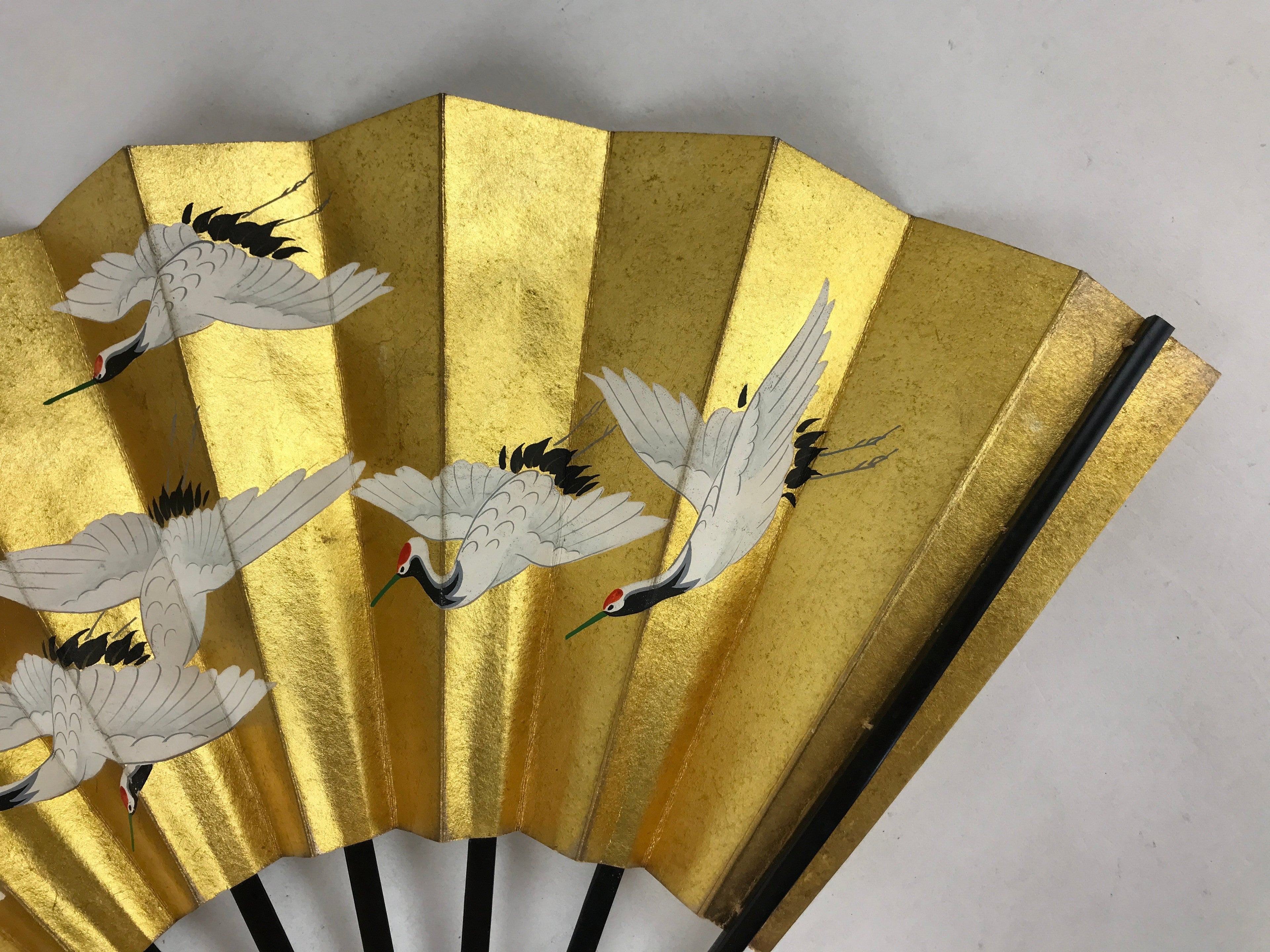 Japanese Folding Fan Sensu Vtg Bamboo Frame Gold Foil Flying Cranes W/ Box 4D700