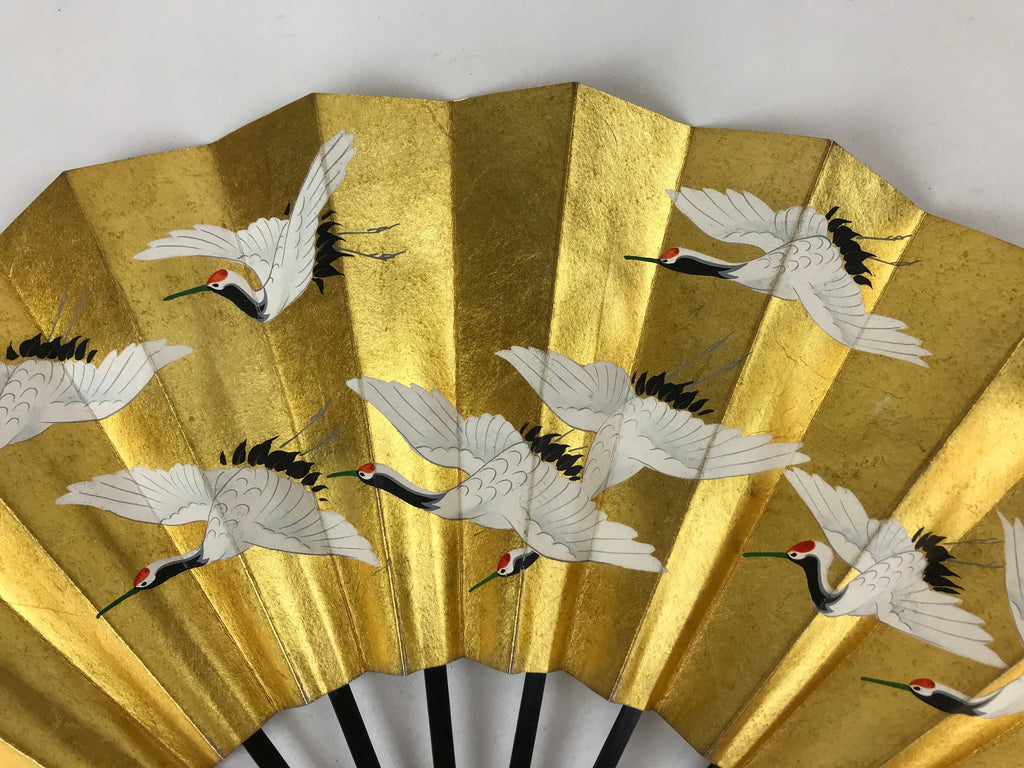 Japanese Folding Fan Sensu Vtg Bamboo Frame Gold Foil Flying Cranes W/ Box 4D700