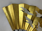 Japanese Folding Fan Sensu Vtg Bamboo Frame Gold Foil Flying Cranes W/ Box 4D700