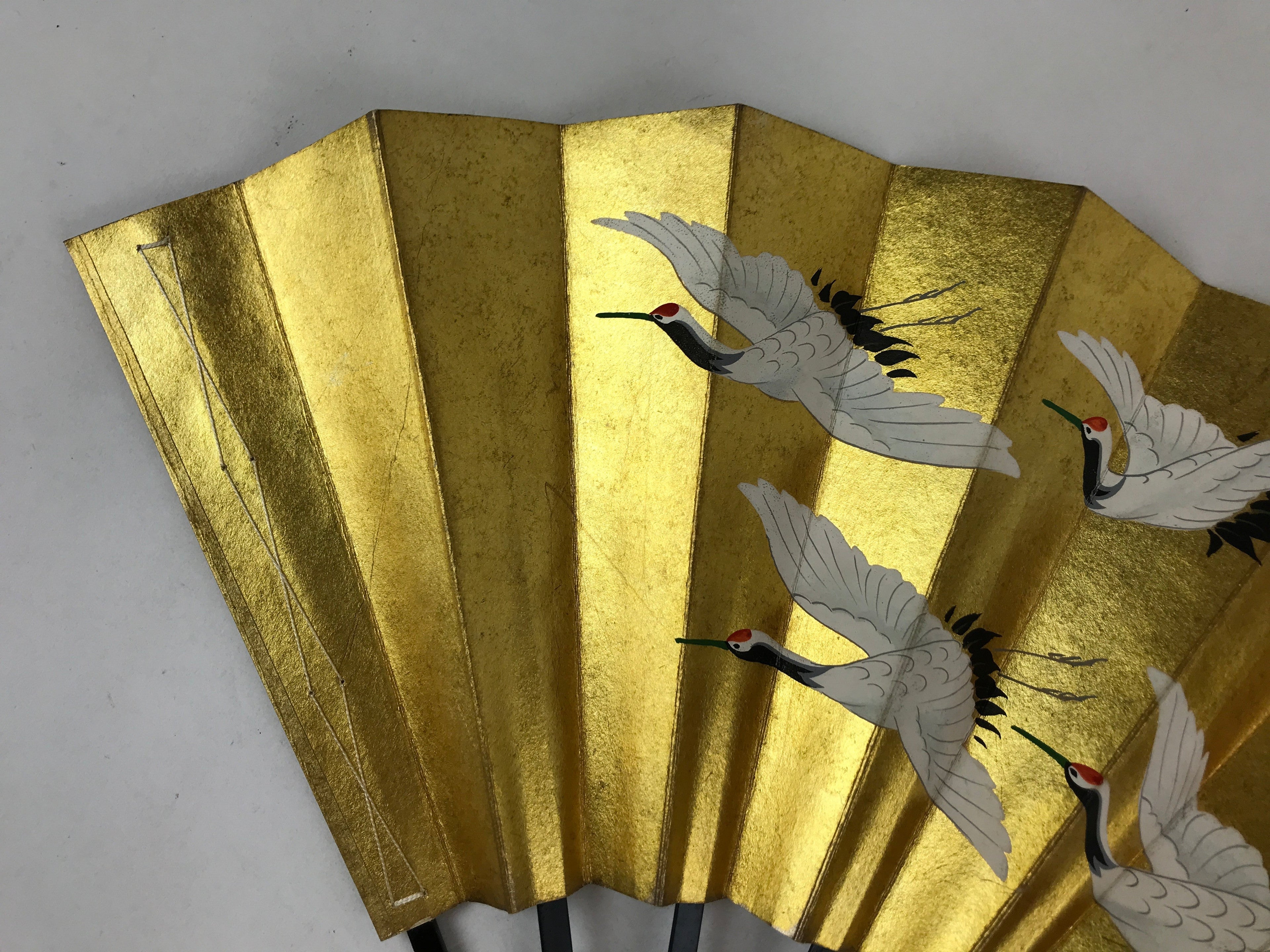 Japanese Folding Fan Sensu Vtg Bamboo Frame Gold Foil Flying Cranes W/ Box 4D700