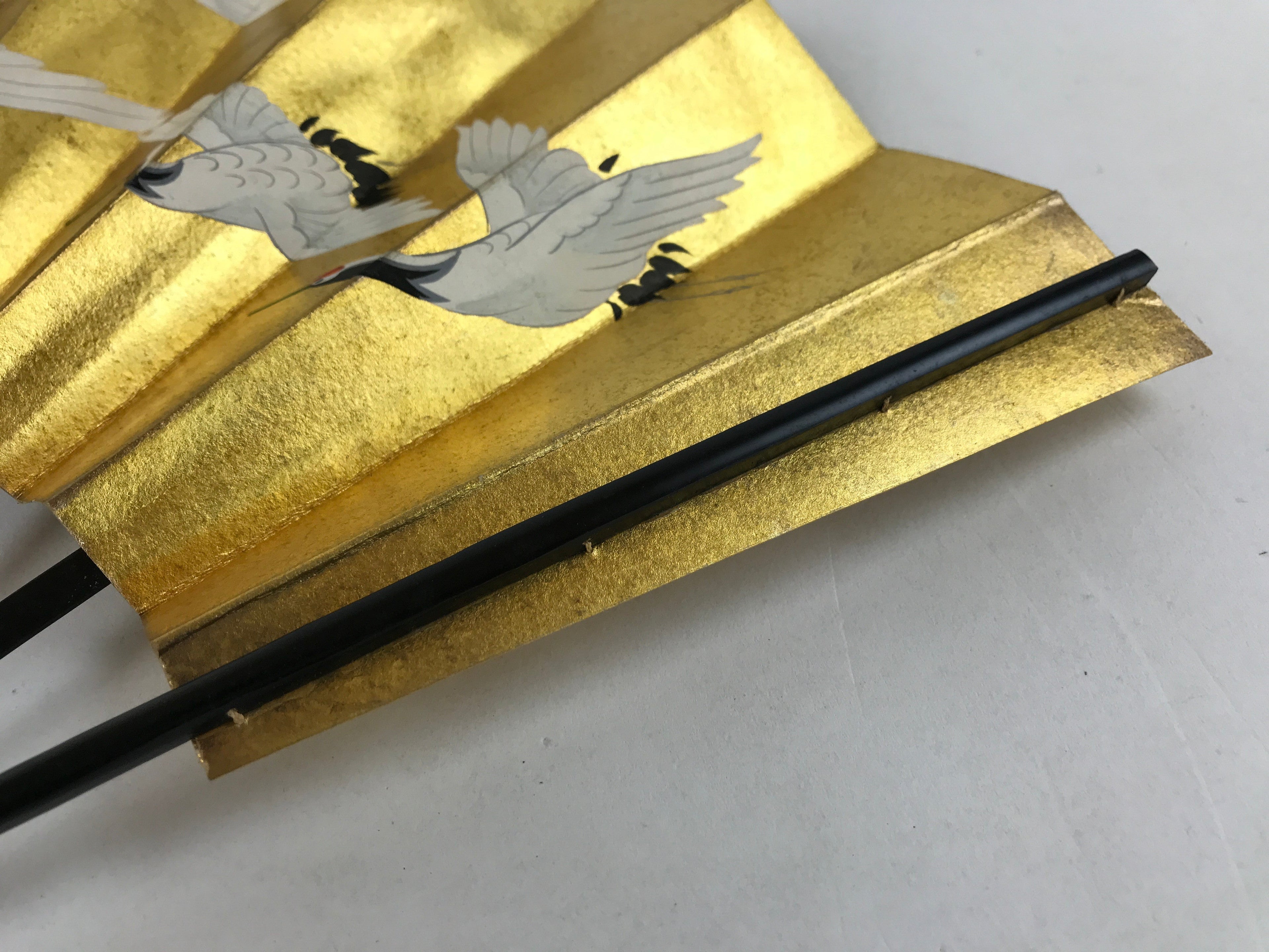 Japanese Folding Fan Sensu Vtg Bamboo Frame Gold Foil Flying Cranes W/ Box 4D700