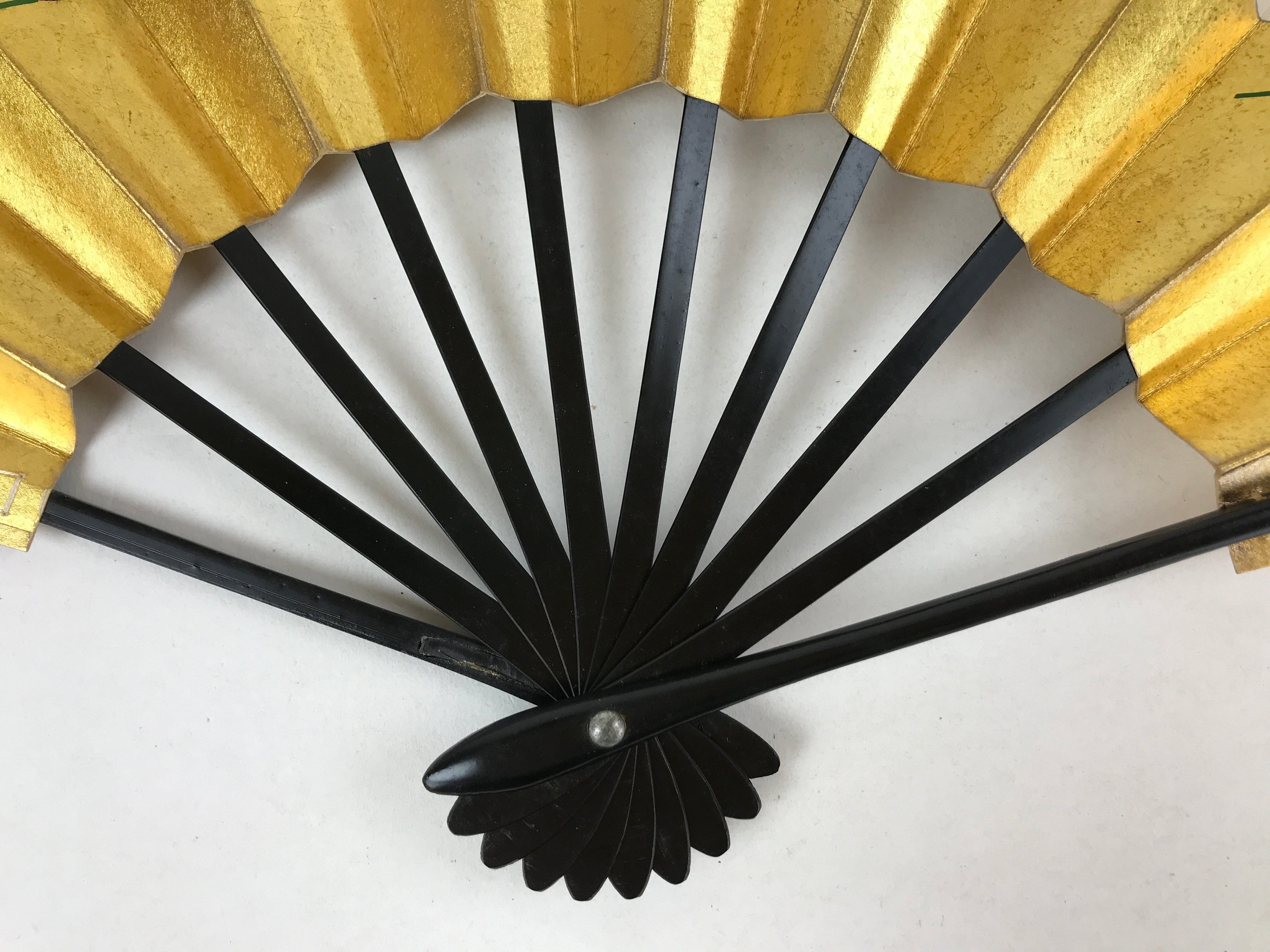 Japanese Folding Fan Sensu Vtg Bamboo Frame Gold Foil Flying Cranes W/ Box 4D700