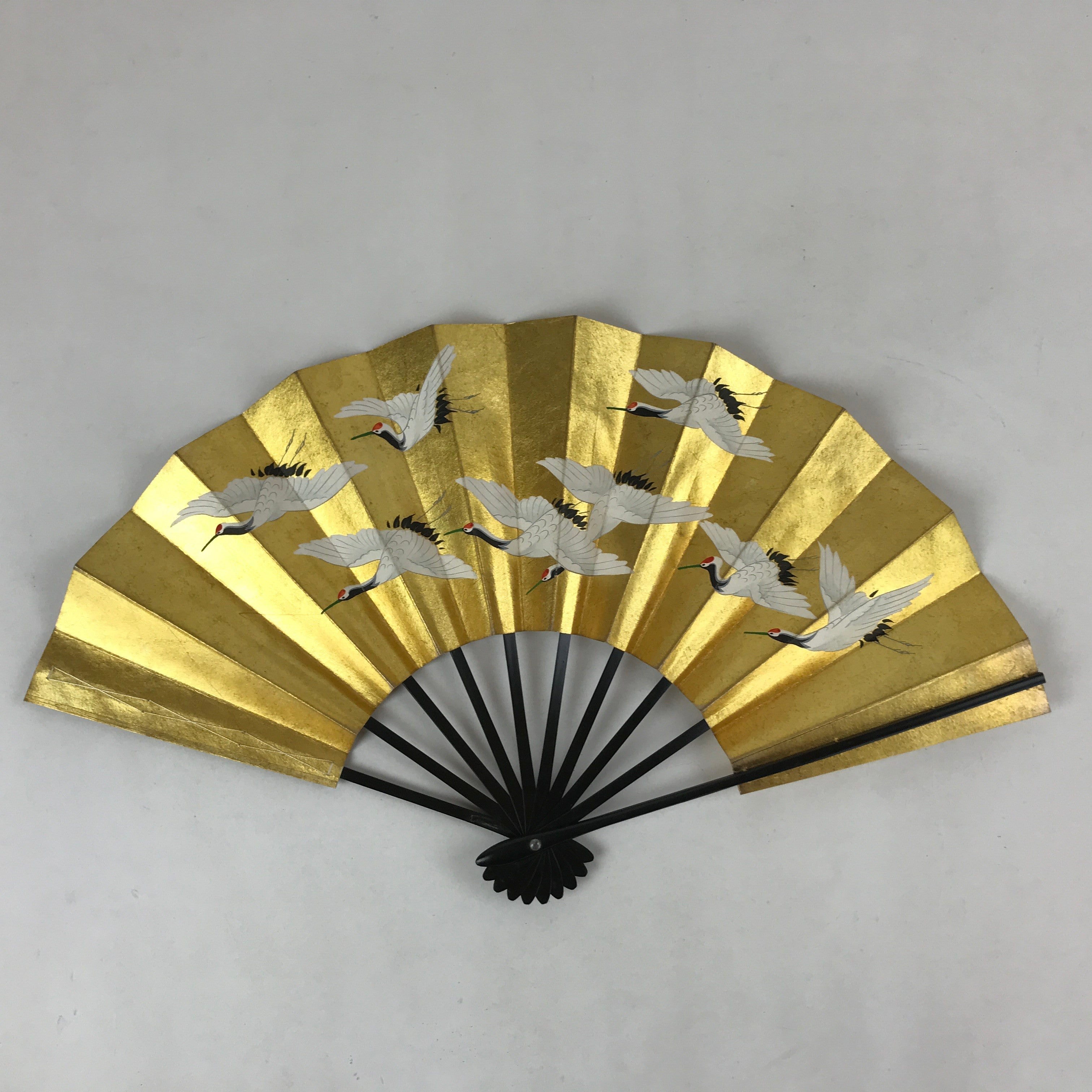 Japanese Folding Fan Sensu Vtg Bamboo Frame Gold Foil Flying Cranes W/ Box 4D700