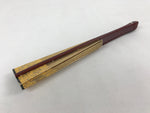 Japanese Folding Fan Sensu Vtg Bamboo Frame Gold Foil Yellow W/ Box 4D699