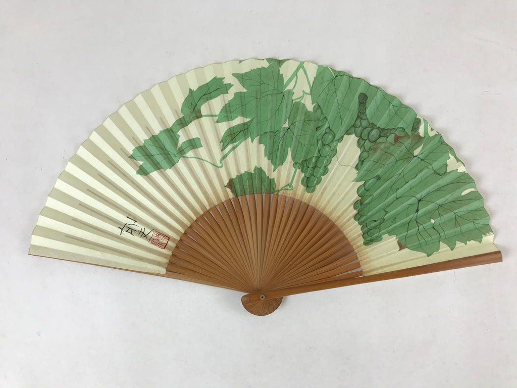 Japanese Folding Fan Sensu Vtg Bamboo Frame Green Grapes Red Seal 4D749