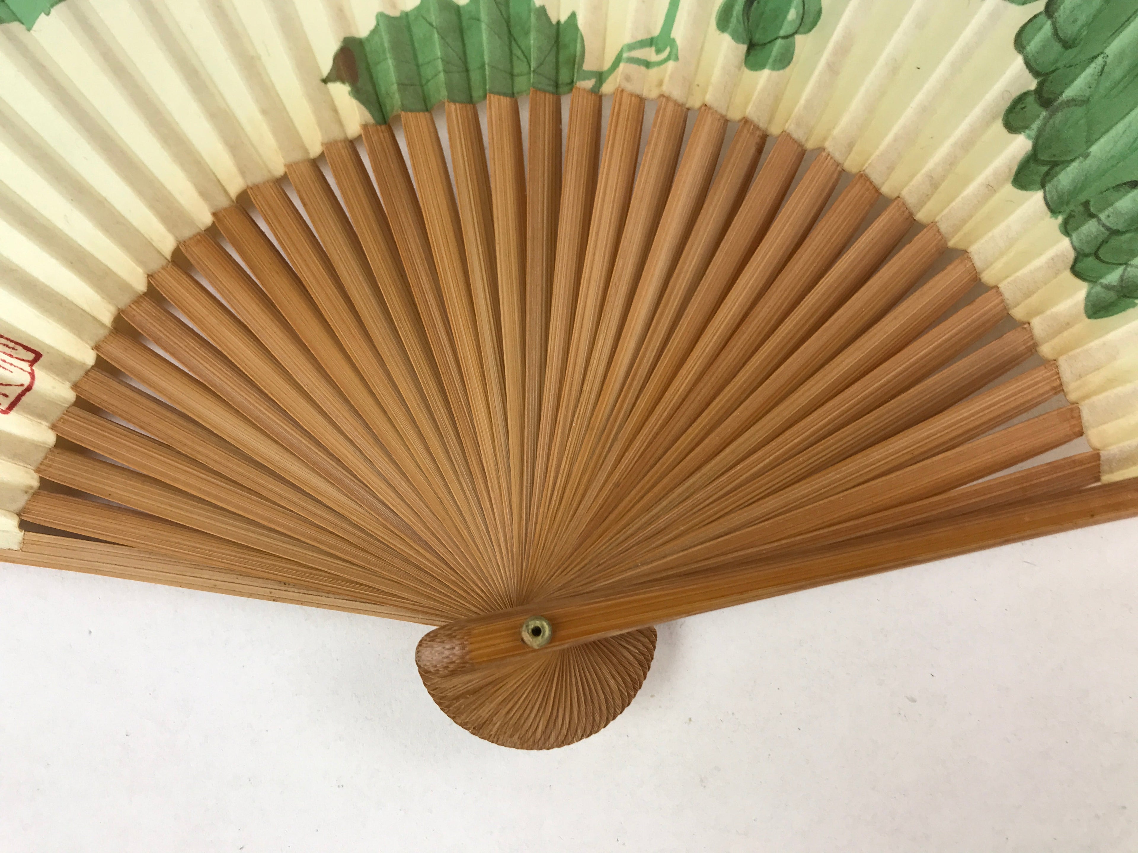 Japanese Folding Fan Sensu Vtg Bamboo Frame Green Grapes Red Seal 4D749