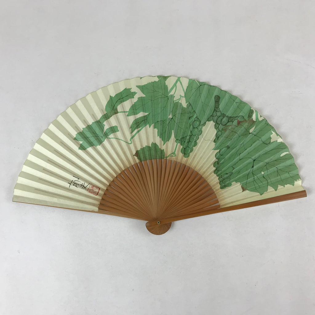 Japanese Folding Fan Sensu Vtg Bamboo Frame Green Grapes Red Seal 4D749