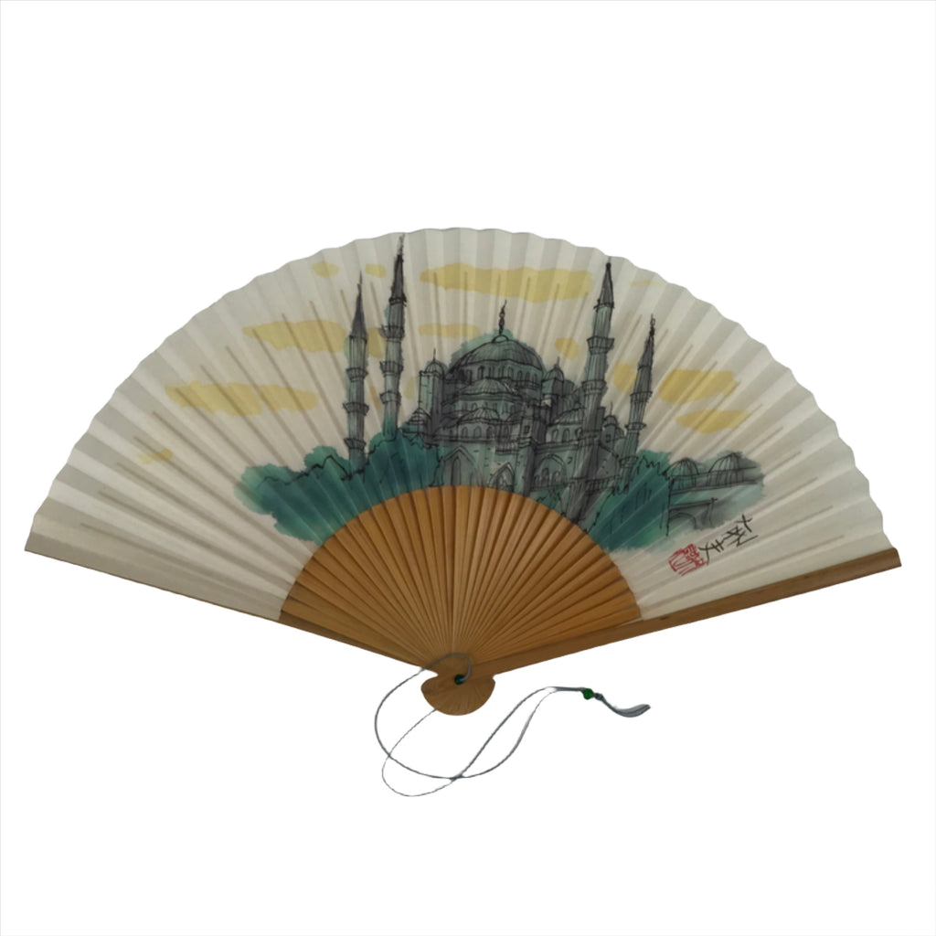 Japanese Folding Fan Sensu Vtg Bamboo Frame Hagia Sophia Design Blue 4D799