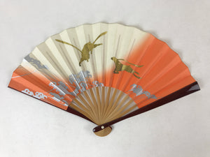 Japanese Folding Fan Sensu Vtg Bamboo Frame Hare Zodiac Animal Orange Gold 4D712