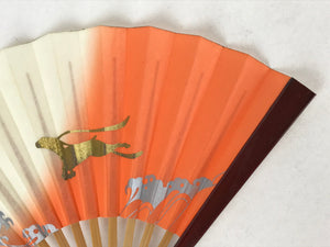 Japanese Folding Fan Sensu Vtg Bamboo Frame Hare Zodiac Animal Orange Gold 4D712