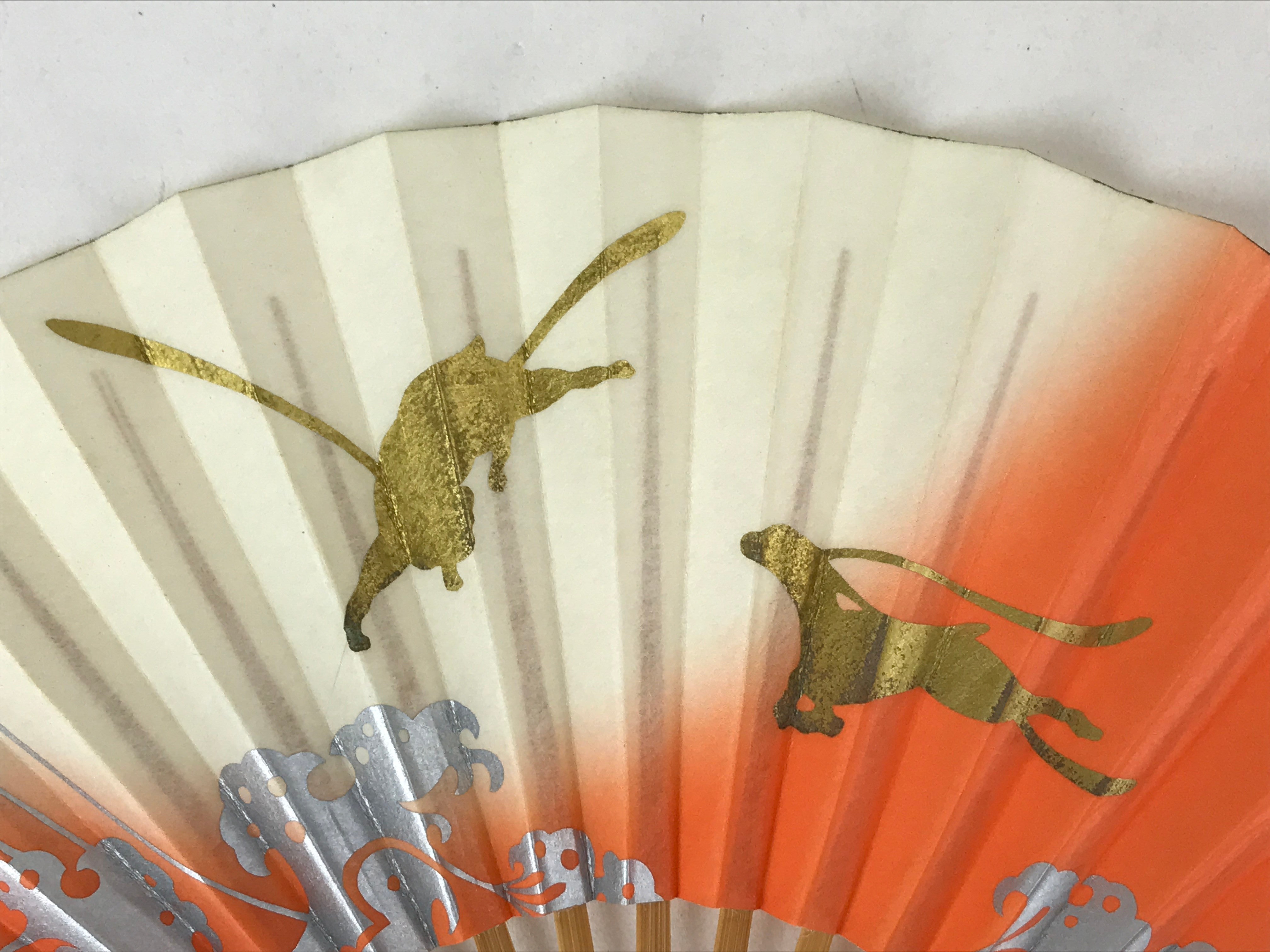 Japanese Folding Fan Sensu Vtg Bamboo Frame Hare Zodiac Animal Orange Gold 4D712