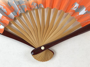 Japanese Folding Fan Sensu Vtg Bamboo Frame Hare Zodiac Animal Orange Gold 4D712