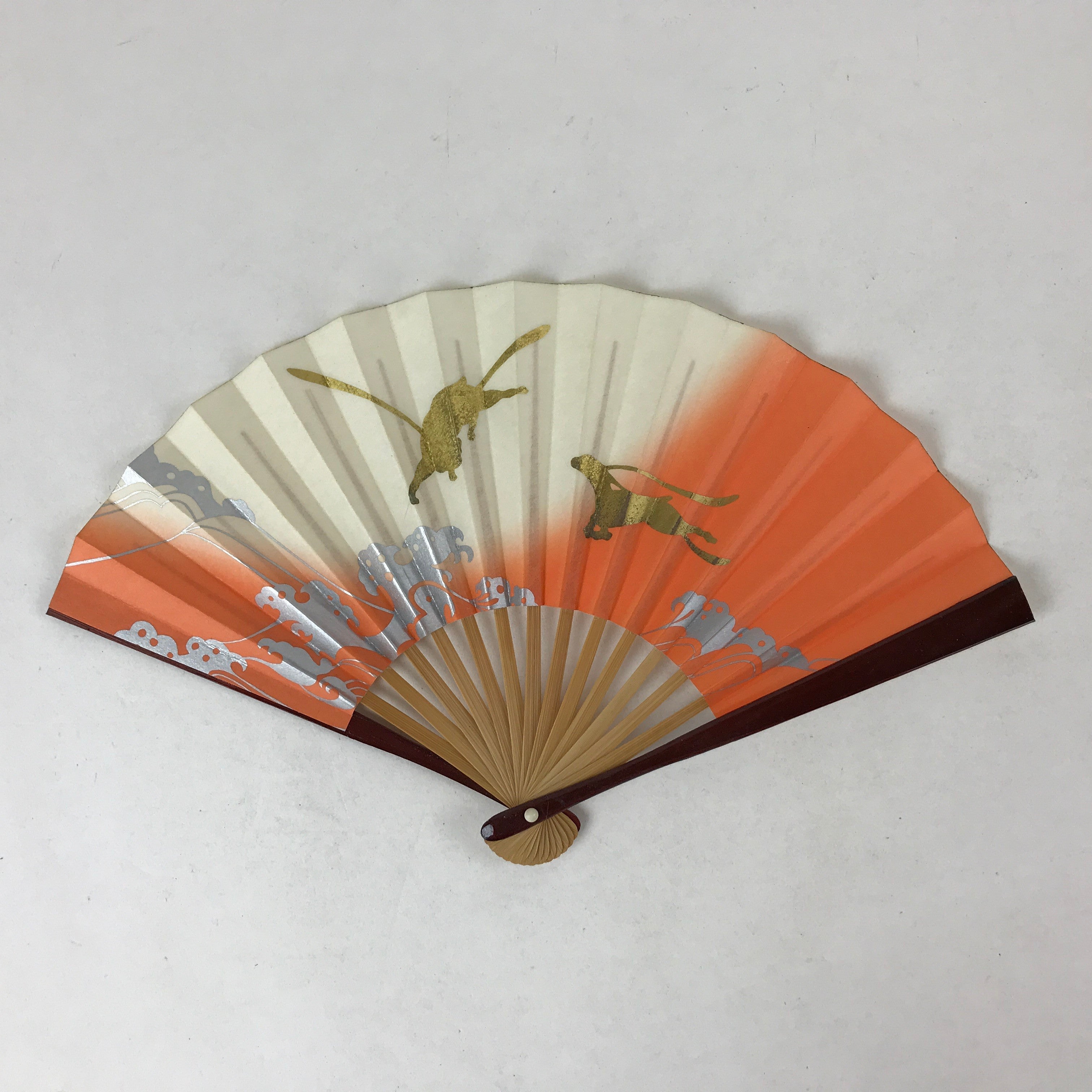 Japanese Folding Fan Sensu Vtg Bamboo Frame Hare Zodiac Animal Orange Gold 4D712