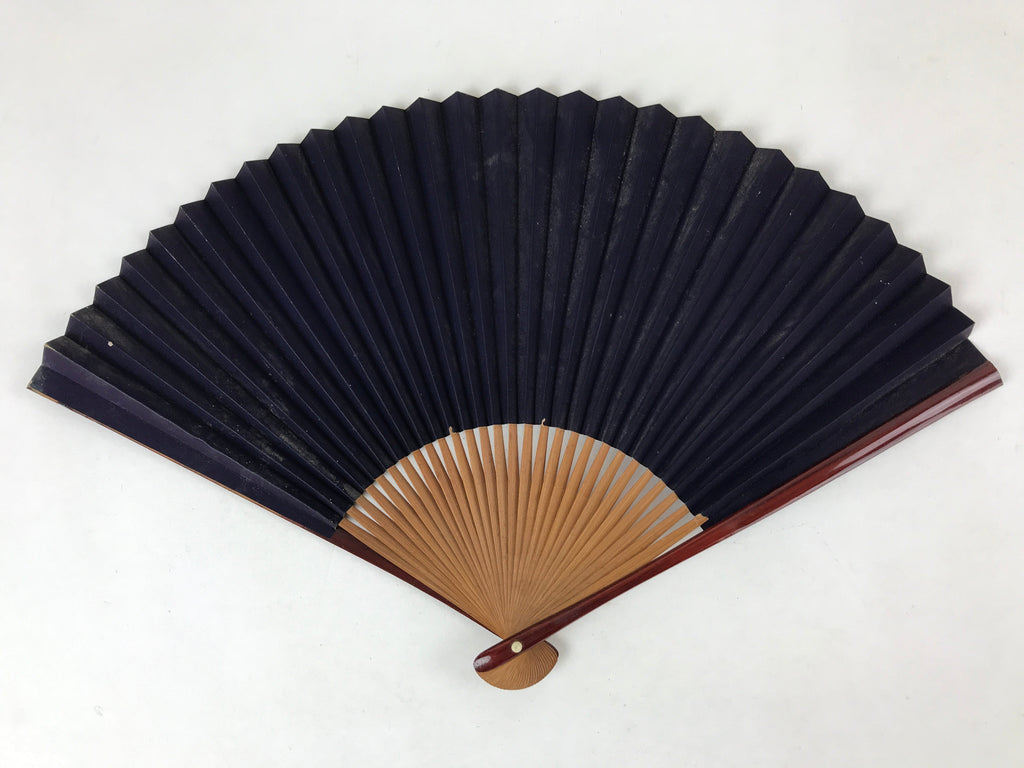 Japanese Folding Fan Sensu Vtg Bamboo Frame Heart Sutra Dark Blue Gold 4D705