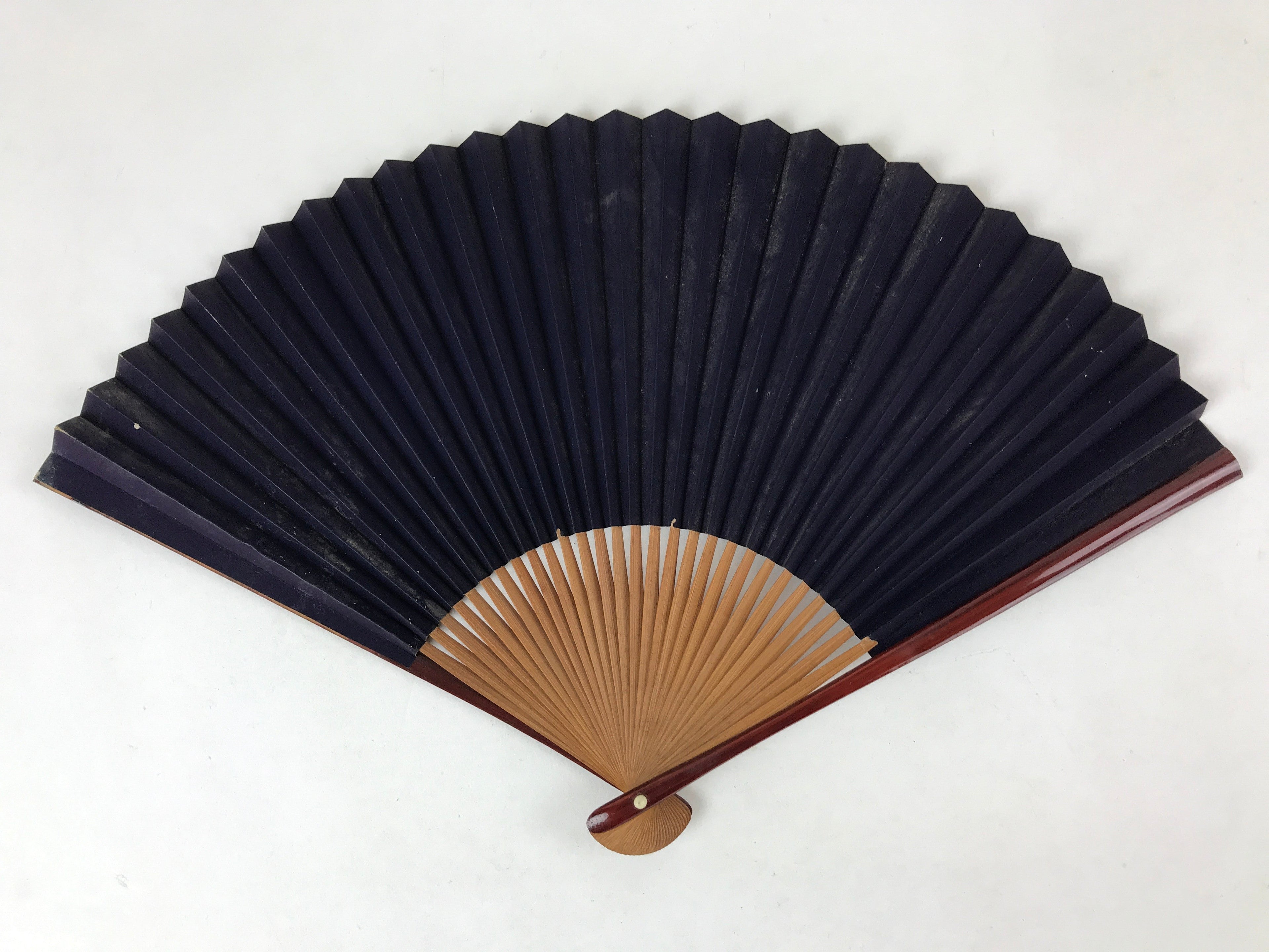 Japanese Folding Fan Sensu Vtg Bamboo Frame Heart Sutra Dark Blue Gold 4D705