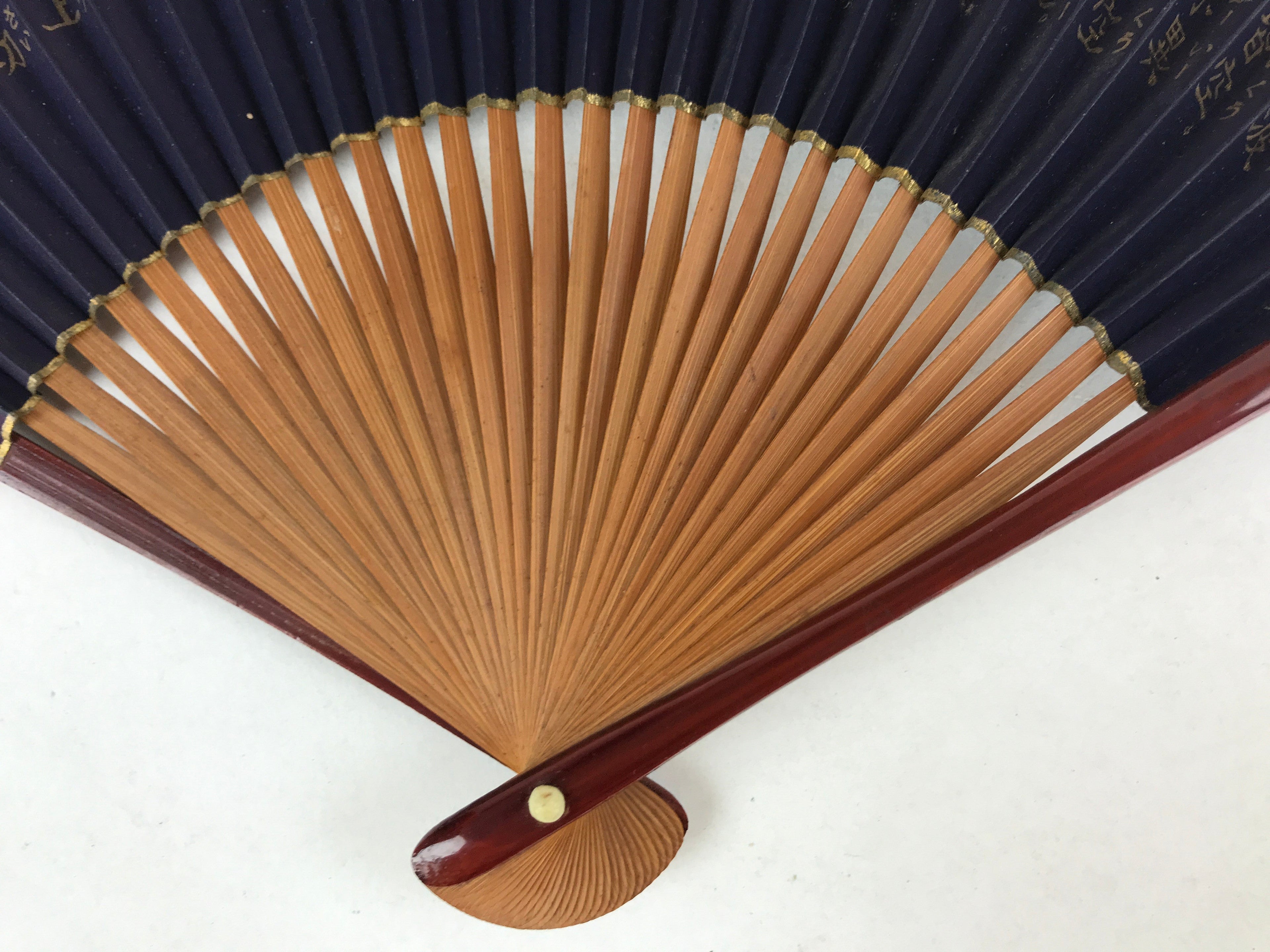 Japanese Folding Fan Sensu Vtg Bamboo Frame Heart Sutra Dark Blue Gold 4D705