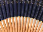 Japanese Folding Fan Sensu Vtg Bamboo Frame Heart Sutra Dark Blue Gold 4D705